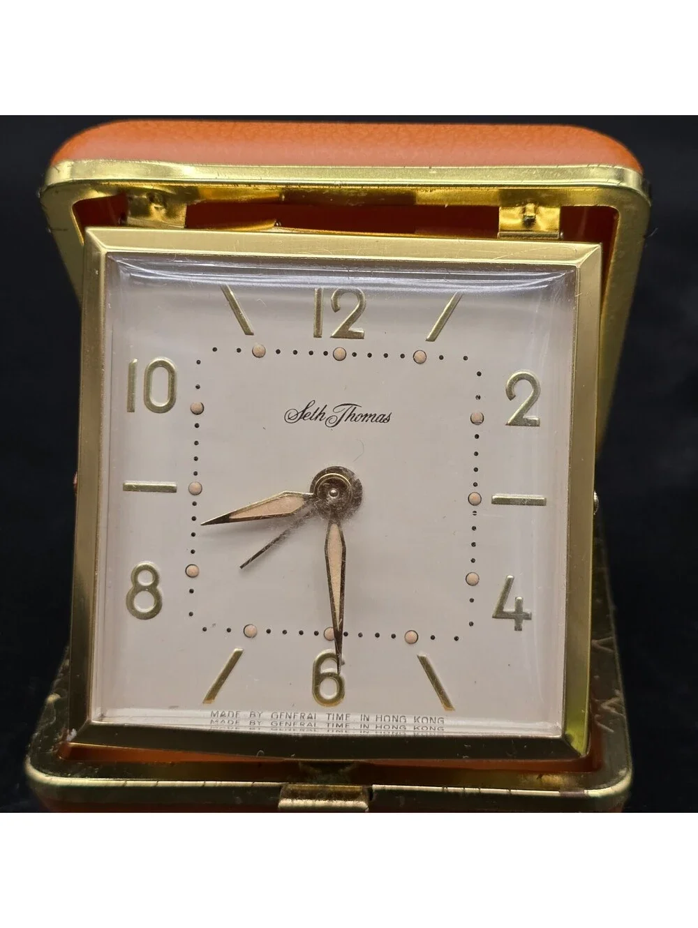 Vintage Seth Thomas Travel Alarm Clock Orange Leather Case Working Mid Century